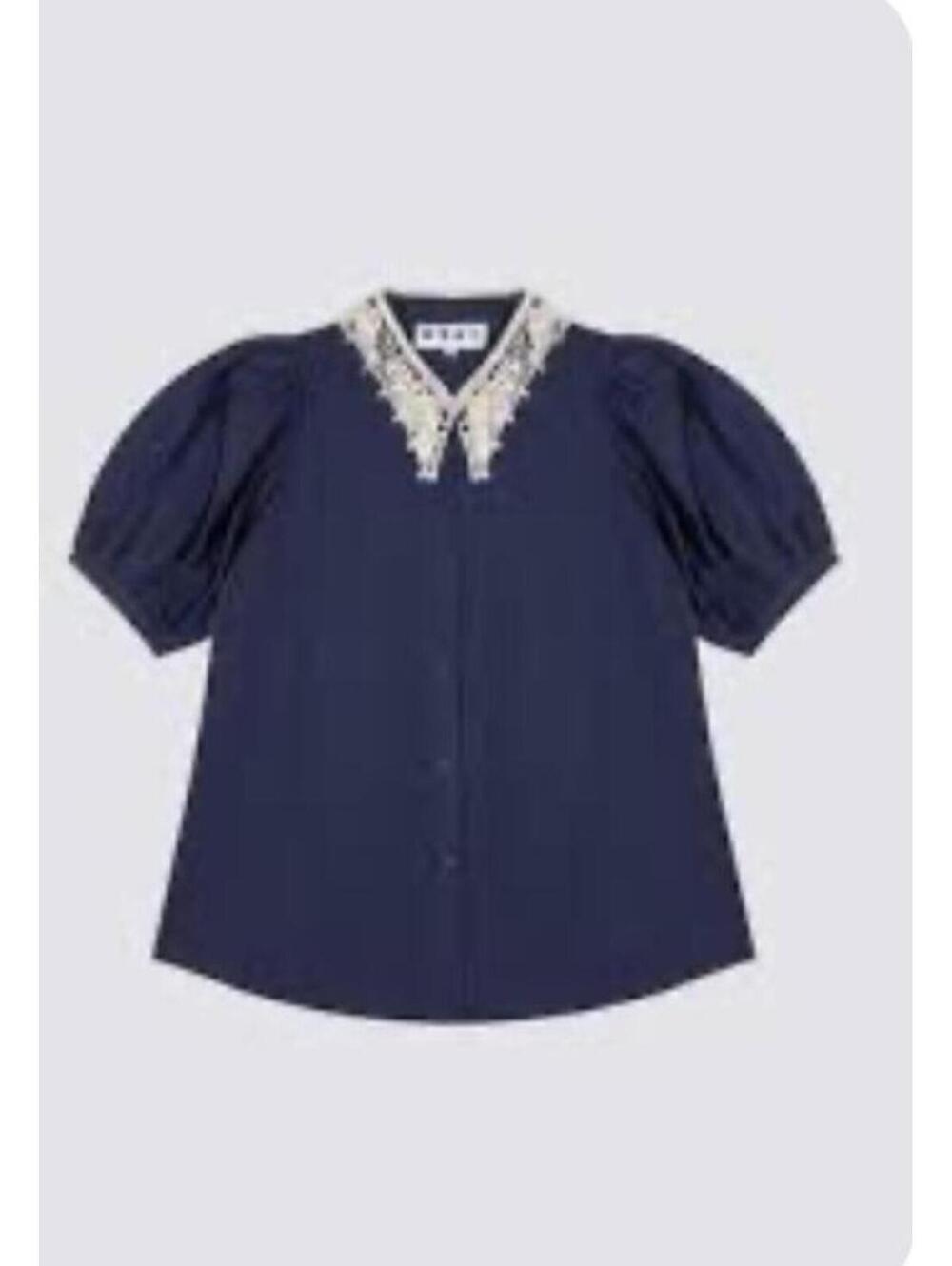 Women’s WRAY Cotton Poplin Emma Button Down Puff Short Sleeve Crochet Collar top